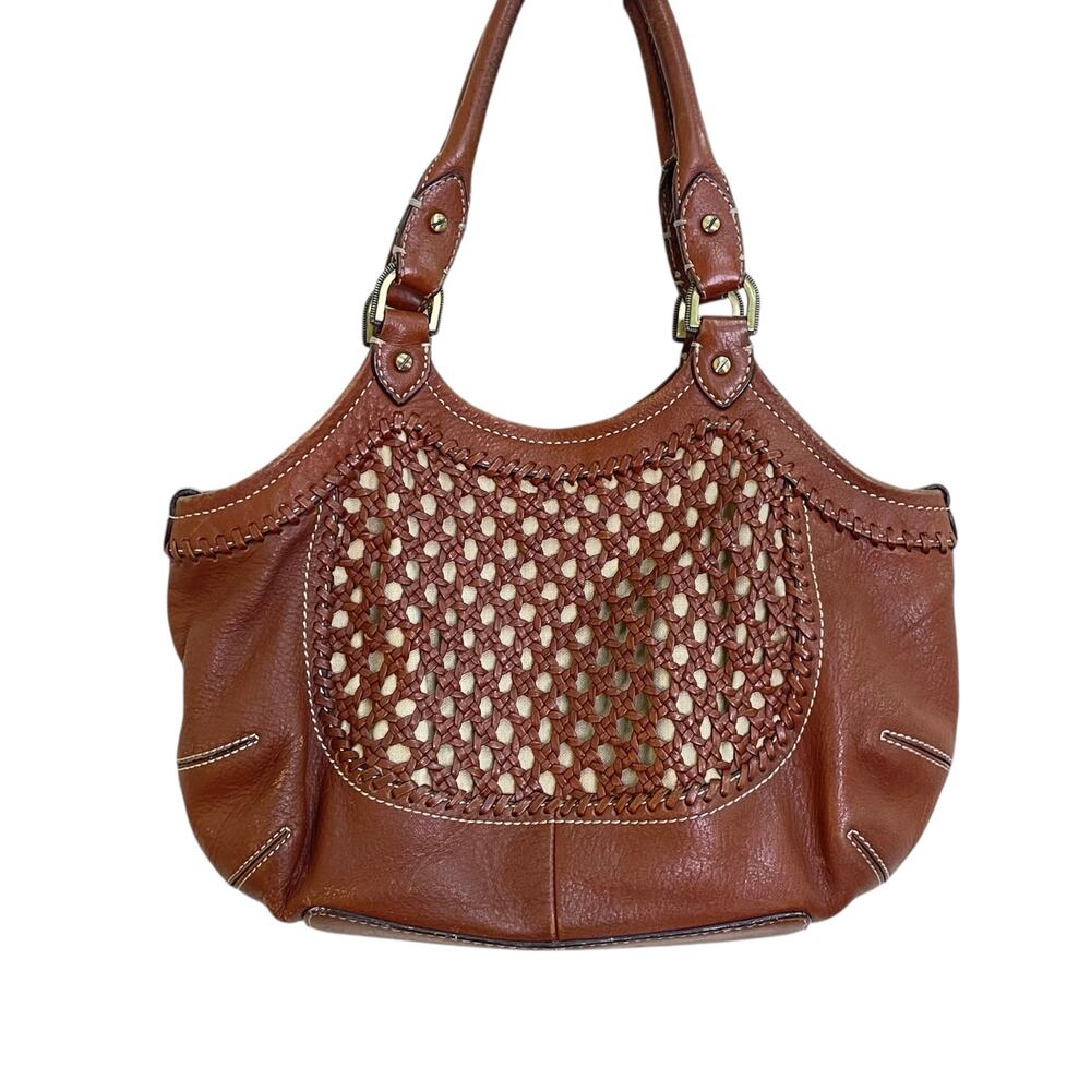 Cole Haan Paige Brown Crochet Woven Leather Double Handle Hobo Bag Purse